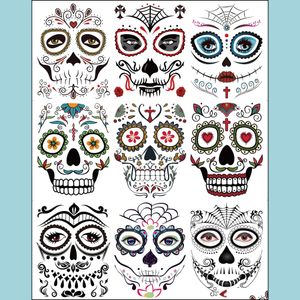 Temporäre Tattoos Dao des toten Gesichts 10 Blatt Halloween Aufkleber Kit Dia de Los Muertos Glitzer Rot R Otphz