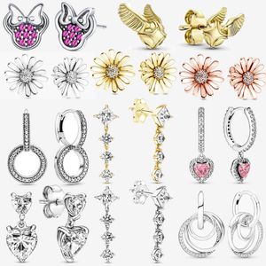 Nowy popularny 925 Sterling Srebrny urok Daisy Dome Golden Yellow Heart Flashes Pandora Kolczyki Kobietowe prezent urodzinowy