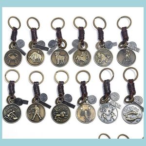 Chaços de teclados 12 Chaves de constelação de cowe zodiac Keychains retro teclado chaveiro de bronze para presente de aniversário gota del dh9n2