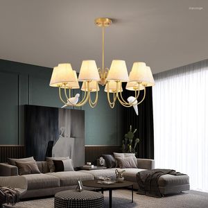 Chandeliers Postmodern Led Chandelier Indoor Lighting Pendant Lamp Living Dining Room Villa Retro Fabric Copper Classical Hanging Light