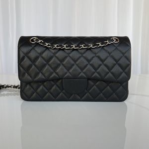 Klassische Damenhandtasche, Umhängetaschen, Lammleder, Gold-Silber-Ton, Metall, Schwarz, Luxus-Designer-Tasche A01112, Klappe, fein gemasertes Rindsleder, Kette, guter Kaviar