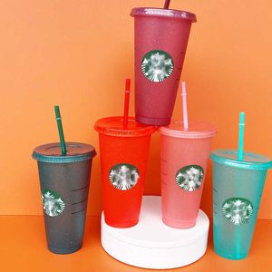 24-Unzen-Glitzerbecher von Starbucks aus Kunststoff, bunte Becher mit Deckel und Strohhalm, Bonbonfarben, wiederverwendbarer Becher für Kaltgetränke, Flash 561 E3