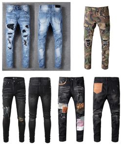 Moda Men's Racted Skinny Jeans Diseñador de ropa Jeans Pantalones de mezclilla azul claro Denim Ligero Clásico Camuflage Hiphop Hiphop Engañado Motorcillo de moda