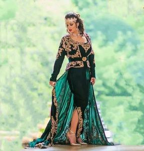 Elegante Marroquino Kaftan Karaou Vestidos de Baile Bainha de Veludo Verde Mangas Compridas Vestidos de Noite Formais Árabe Dubai Abaya Mariage Ocasião Especial Desgaste 2023