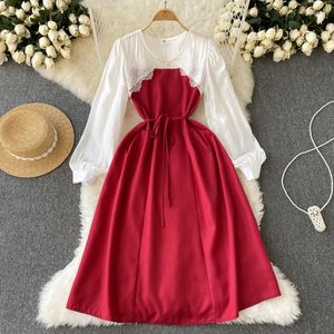 Casual Dresses Autumn&Winter Dress Patchwork O-Neck Female Lace-up Full Sleeve Women Hollow Out Vintage Bodycon Clothe Drop