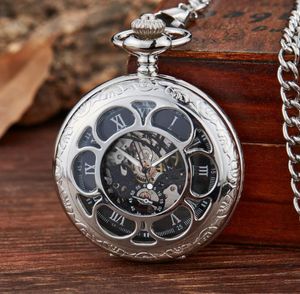 Pocket Uhren Vintage Silber Mechanical Hand Wind Blue Römische Zifferblatt Flip Watch Men mit FOB Chain3002693