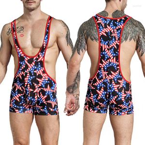 Subirtes de camisetas sexy Bodysuits Men One Piece Mumpsuit Azul Flag de estampa Roupa impressão de lingerie erótica Alta cintura luta livre