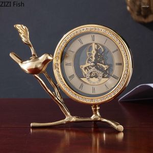 Bordklockor Copper Bird Clock Crafts Silent Sweep Needle Vardagsrum Dekoration Golden Gear Desk Timepiece Modern Heminredning