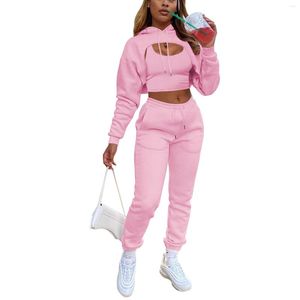 Women's Two Piece Pants 3 Pcs Women Solid Color Outfits Adults Long Sleeve Drawstring Hoodie Tank Tops Trousers With Pockets