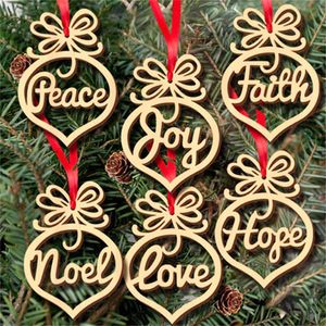 6pcs Christmas Letter Wood Church Heart Ornament Christmas Tree Decoration Home Festival Wooden Xmas Ornaments Pendant Hanging Gift