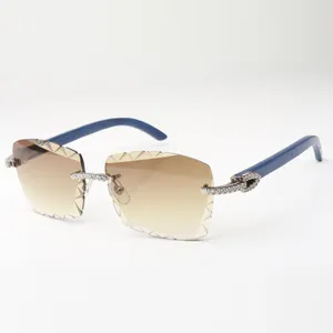 Mittelgroße, diamantene, coole Sonnenbrille 3524029 mit naturblauen Holzbeinen und 58-mm-geschliffenen Gläsern