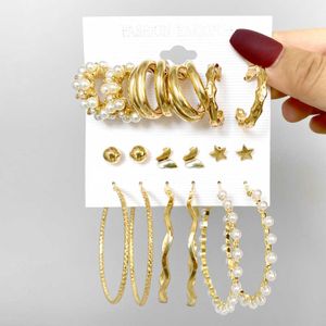New Pearl Inlaid Women's Earrings 9-Piece Set Gold Geometric Butterfly örhängen Kvinna