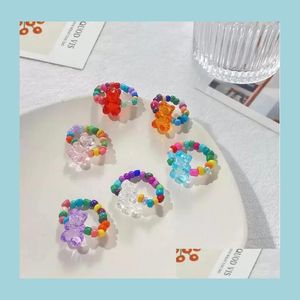 Band Rings Cute Bear Ring Innovative Jelly Color Resin Adjustable Elastic Rings Jewelry For Women Girl Valentines Birthdayday Party Dhuyu