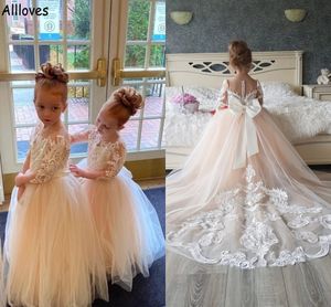 Симпатичное обнаженное розовое платье с цветочной девушкой на день рождения свадебная вечеринка с кружевным аппликационным детским детским платье первое причастие с длинными рукавами склоняется длинное платье принцессы для малыша CL1405