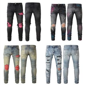 Designer Black Cargo Pants Jeans For Man Biker Jeans Mens Ripped Slim Stretch Skinny Distressed Motorcykel Denim Fit Hip Hop Right Leg Jogger Byxor Patchwork