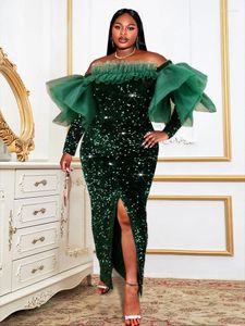 Plus Size Dresses Green Sequins Dress Women Christmas Velvet Shiny Party Sexy Robes Off Shoulder Ruffles Long Sleeve Bodycon Slim 2022