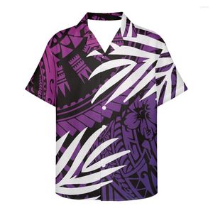 Camisas casuais masculinas Hycool Hawaiian Polinésia Tribal Plus Size Roupas masculinas Verão de Manga Curta Camisa Purple Loue Fit for para