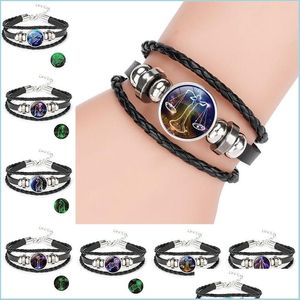 Urok Bracelets 12 Glow in the Dark Horoscope Znak Bransoletka Charm Mtilayer Wrap skórzane bransoletki Kobiety moda świetlna biżuteria dro dhpua