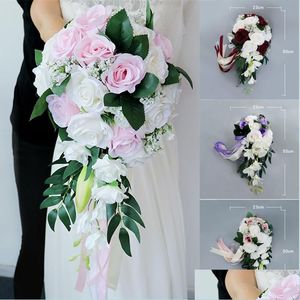 Dekorative Blumen Kränze Hochzeit Braut hält Blumenstrauß Künstliche Seide Rose Blume Weiß Simation Drop Lieferung Hausgarten Fest Dh6Ge