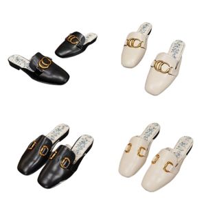 Designer Slippers G Slides Women Luxury Brand Top Leather Slippers Vintage Metal Buckle 2cm Heel Sexy Golden Letter Outdoor Sandales Black White Muller Shoes