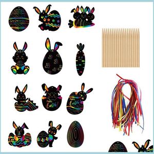Party Favor Scratch Paper Art Set Easter Black It Off Crafts Notes Ding Boards Sheet With Wooden Stylus And Hanging Rope Drop Delive Dhlcw