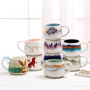 Mugs 350ML Creativity Chinese Ink Ceramic Mug Cute Cartoon Applique Cherry Flower Water Cup Coffee Milk Tea Cups Gift Box
