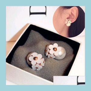 Stud Korea Fashion Jewelry Cute Pearl Daisy Flower Front And Back Bubble Stud Earrings Double Sided Women Pierced Ears Mix Drop Deliv Dhueb