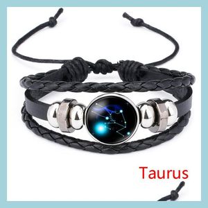 Charm Armbänder 12 Horoskop Zeichen Armband Zeit Edelstein Glas Leder Mtilayer Wrap Geflochtene Verstellbare Armbänder Armreif Manschette Wristb Dhrzm