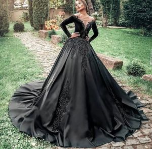 Vintage Black Gothic Forest Wedding Dress 2023 Sheer Neck Long Sleeve Appliqued Swee Train Bridal Gowns Vestidos De Novia Mariage