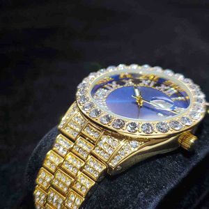 Zegarek Miss Big Diamnd ramka dżentelmena zegarek Blue Round Dial Mężczyzna na rękę luksusowy busins ​​stalowy kwarc Watchwvv5