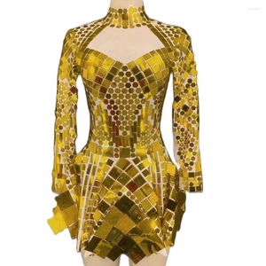 Scen Wear Shiny Sequined Mirror Reflective Short Dresses Long Sleeve Birthday Party Outfit