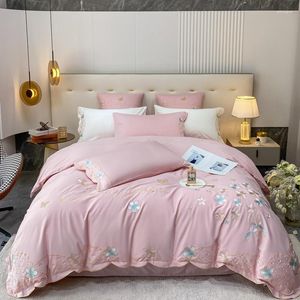 Bedding Sets Pink Flower Embroidery Cotton Set Duvet Cover Bed Linen Fitted Sheet Pillowcases Home Textiles