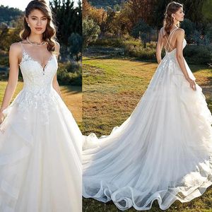V Neckline Layer Lace Applique Wedding Dress with Spaghetti Straps Beading Court Train vestido de noiva