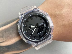 Iced out Watch Sports Men's Digital Quartz Watch Detachable Assembly Ultra-dunne witte transparante eiken serie LED Waterdichte wereldtijd volledige functie