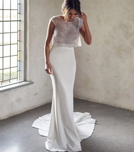 2023 Mermaid Wedding Dresses for Bride Boat Neck Backless Sweep Train Beads Sequined Beach Bridal Gowns Two Piece Robe De Mariee