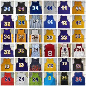 Basketbol Formaları 98 03 Tüm 8 Mor Retro Erkek Forması Jerry Kareem Shaq Abdul Sarı West Jabbar Johnson Chamberlain Worthy Basketbol Beyaz Mavi Vintage