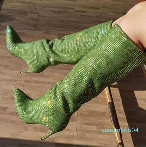 Buty startowe sztyletki kobiety długie błyszcząca moda do kolan spiczasta cukierki kolory damskie buty zapatos de mujer