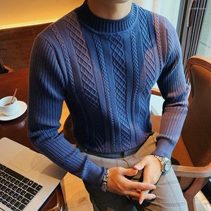 Męskie swetry zimowe mężczyźni pół golf solidny skręt sweter z długim rękawem paski Slim Warm Knit Pullovers moda moda