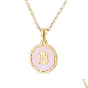 Pendant Necklaces 18K Gold Plated Round Shape Letter Pendant Necklaces Stainless Steel Pink Shell Golden Alphabet Letters Necklace F Dhe19