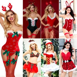 4Pack Conjunto de tartan impressão Fuzzy Trim luxuosa lingerie de natal sexy Conjunto para mulheres xadrez e saia Papai Noel