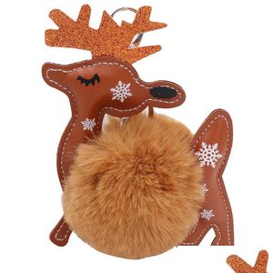 Andere festliche Party liefert Weihnachten Schlüsselketten Anhänger PU Leder Elch Plüsch Ball Bag Schlüssel Ring Ornament Weihnachten kleine Geschenk Drop deliv dhze7