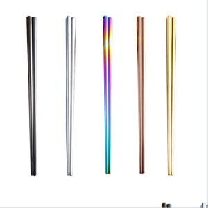 Chopsticks Metal Square Chopsticks Glossy Titanium Plated Anti Scalding Highgrade 304 Stainless Steel Rainbow Golden Black Chopstick Dhv6N