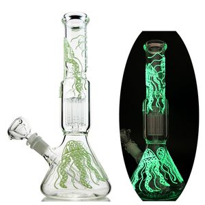 Glow In The Dark Jellyfish Hookahs 6 Arms Tree Perc Bongs Thick Pyrex Pipe 11 Inch Straight Type Bong Heady Glass Water Pipes 18mm Joint Dab Rigs With Bowl