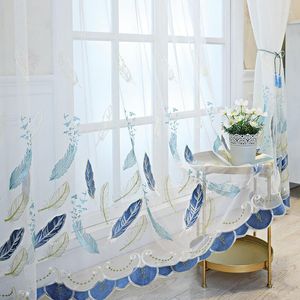 Curtain Blue Embroidered Feather Sheer Tulle For Living Room Luxury Delicate Elegant Organza Bay Window Drapes JS213C