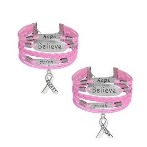 Leather Rope Wrap Cancer Awareness Bracelet Believe Faith Hope Breast Charms Retro Personality Handmade Jewelery for Women Girls Gift204u