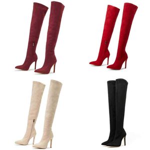 أزياء Boots Eilyken مدببة إصبع القدم فوق أحذية الركبة Super Stiletto Heels Women High Stretch Attress Winter Flock Long Booties 220913