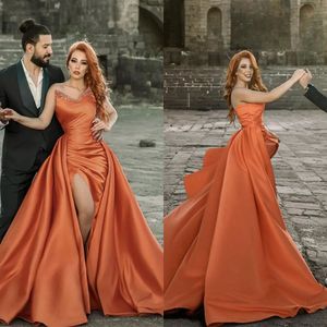 Moda Orange Sweetheart Prom Dresses Liginas Haute Couture Vestres de festa Dividida lateral com explosão de elevações de noite