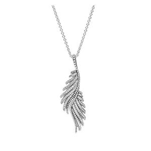 Sparkling Feather Pendant Necklace with Original Box for Pandora Real Sterling Silver Chain Necklaces For Women Men CZ diamond Party Jewelry Gift