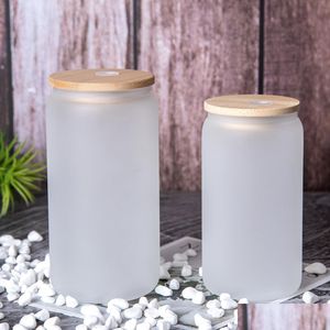 Tumblers 12 oz sublimering Glass Mason Cup Frost Clear Beer Can Tumbler med bambu lockar Drop Delivery Home Garden Kitchen Dining BA DHK1O