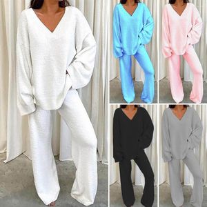 Calças femininas de duas peças 2 pçs/conjunto conjunto de pijamas feminino solto com decote em V camisola feminina cor sólida manga comprida cintura elástica roupas de dormir para